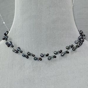 Blue Freshwater Pearl Wire Adjustable Necklace With Blue‎ Iridescent Crystals